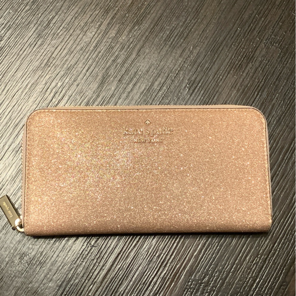 Kate Spade Tinsel Large Rose Gold Glitter Fabric Continental Zip Around Wallet